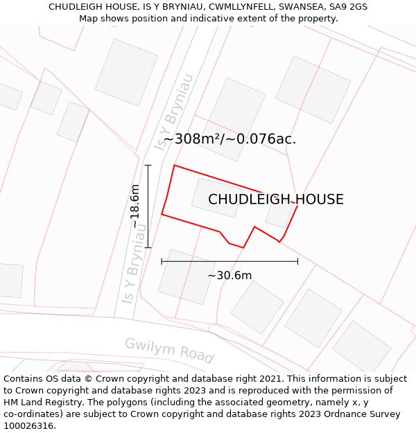 CHUDLEIGH HOUSE, IS Y BRYNIAU, CWMLLYNFELL, SWANSEA, SA9 2GS: Plot and title map