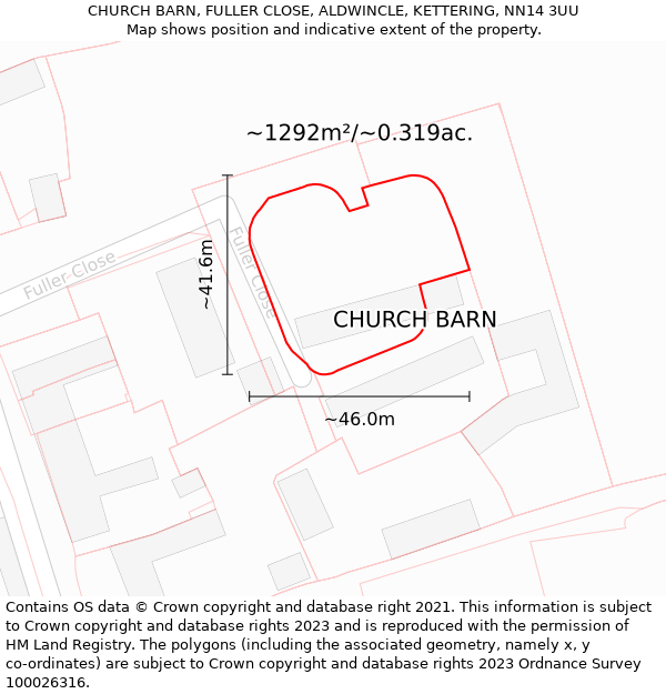 CHURCH BARN, FULLER CLOSE, ALDWINCLE, KETTERING, NN14 3UU: Plot and title map