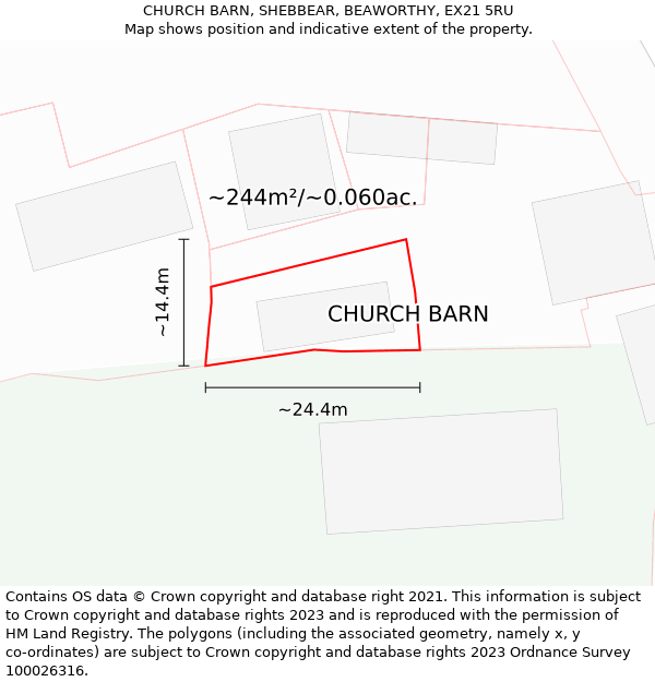 CHURCH BARN, SHEBBEAR, BEAWORTHY, EX21 5RU: Plot and title map