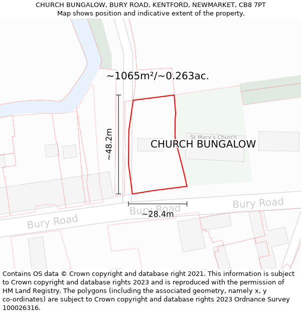 CHURCH BUNGALOW, BURY ROAD, KENTFORD, NEWMARKET, CB8 7PT: Plot and title map