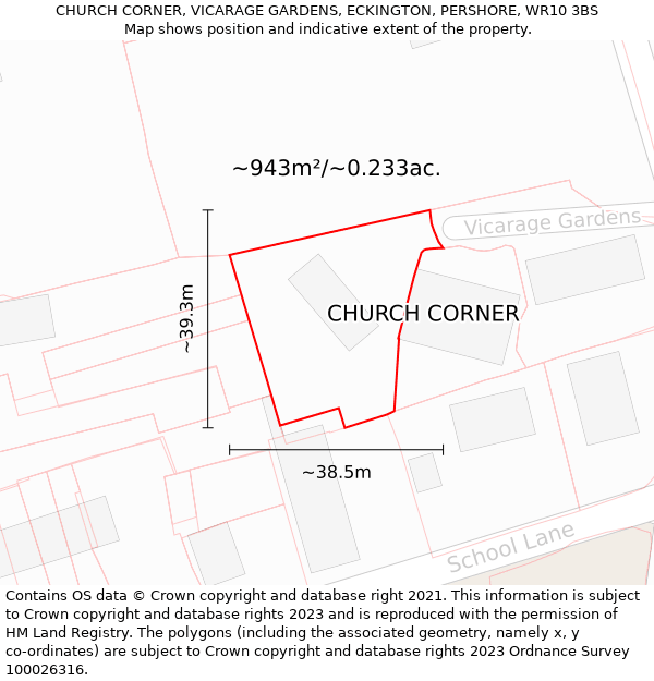 CHURCH CORNER, VICARAGE GARDENS, ECKINGTON, PERSHORE, WR10 3BS: Plot and title map