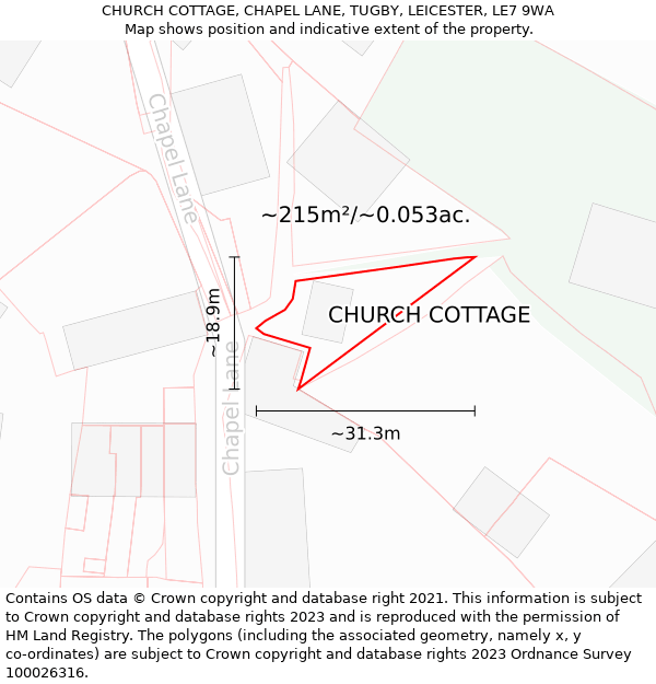 CHURCH COTTAGE, CHAPEL LANE, TUGBY, LEICESTER, LE7 9WA: Plot and title map
