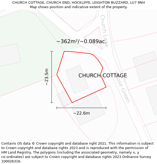 CHURCH COTTAGE, CHURCH END, HOCKLIFFE, LEIGHTON BUZZARD, LU7 9NH: Plot and title map