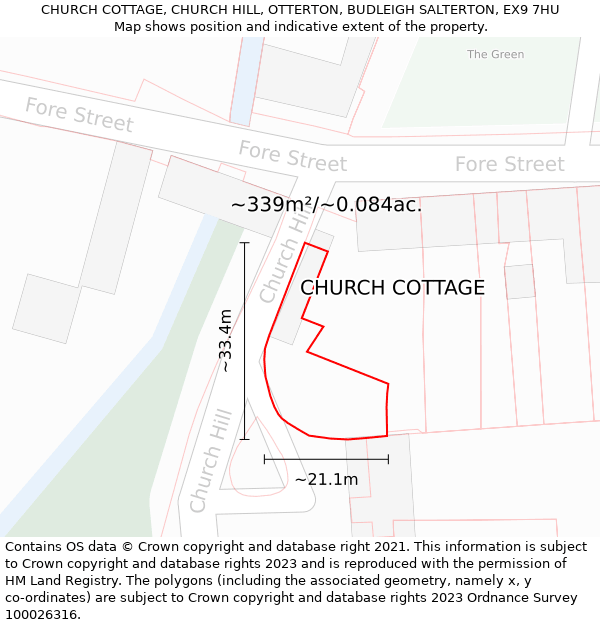 CHURCH COTTAGE, CHURCH HILL, OTTERTON, BUDLEIGH SALTERTON, EX9 7HU: Plot and title map