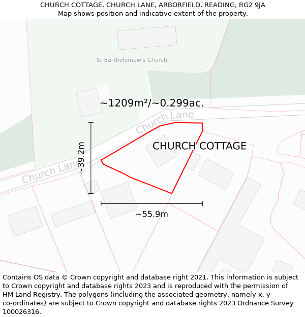 CHURCH COTTAGE, CHURCH LANE, ARBORFIELD, READING, RG2 9JA: Plot and title map