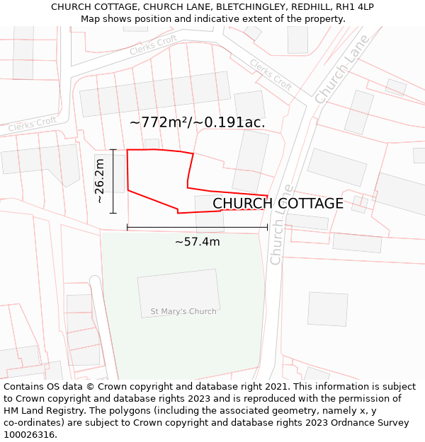 CHURCH COTTAGE, CHURCH LANE, BLETCHINGLEY, REDHILL, RH1 4LP: Plot and title map