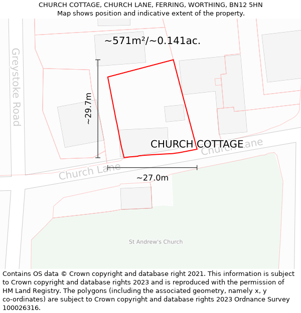 CHURCH COTTAGE, CHURCH LANE, FERRING, WORTHING, BN12 5HN: Plot and title map