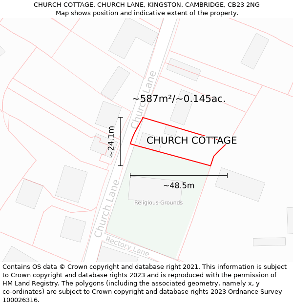 CHURCH COTTAGE, CHURCH LANE, KINGSTON, CAMBRIDGE, CB23 2NG: Plot and title map