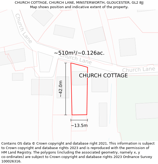 CHURCH COTTAGE, CHURCH LANE, MINSTERWORTH, GLOUCESTER, GL2 8JJ: Plot and title map