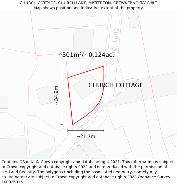 CHURCH COTTAGE, CHURCH LANE, MISTERTON, CREWKERNE, TA18 8LT: Plot and title map