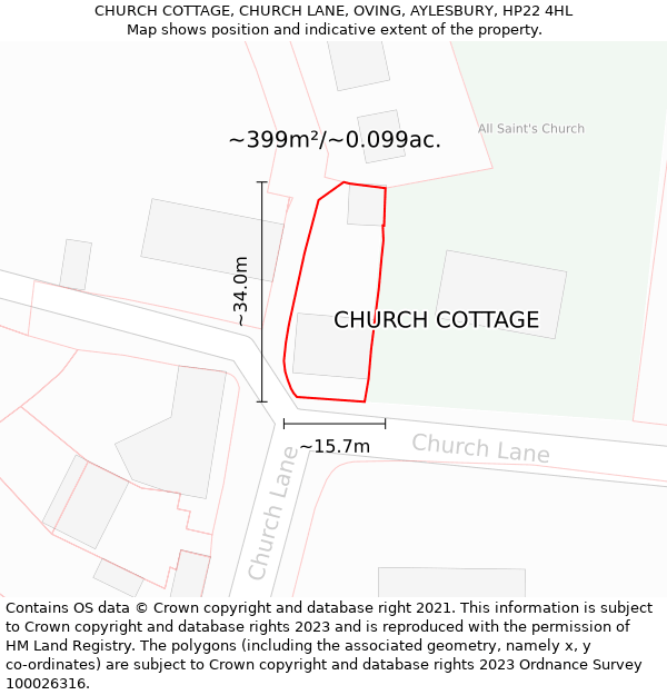 CHURCH COTTAGE, CHURCH LANE, OVING, AYLESBURY, HP22 4HL: Plot and title map