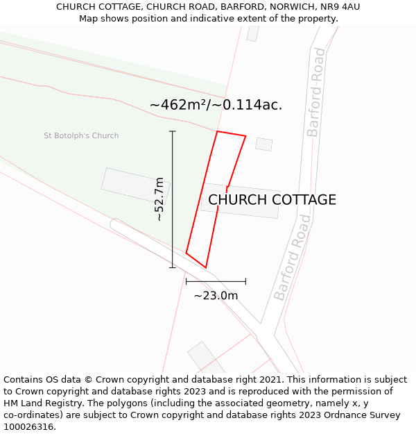 CHURCH COTTAGE, CHURCH ROAD, BARFORD, NORWICH, NR9 4AU: Plot and title map