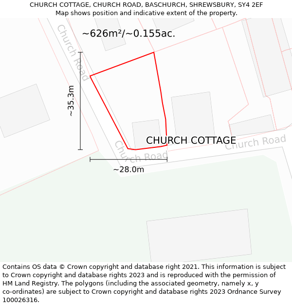 CHURCH COTTAGE, CHURCH ROAD, BASCHURCH, SHREWSBURY, SY4 2EF: Plot and title map