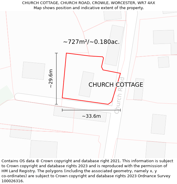 CHURCH COTTAGE, CHURCH ROAD, CROWLE, WORCESTER, WR7 4AX: Plot and title map