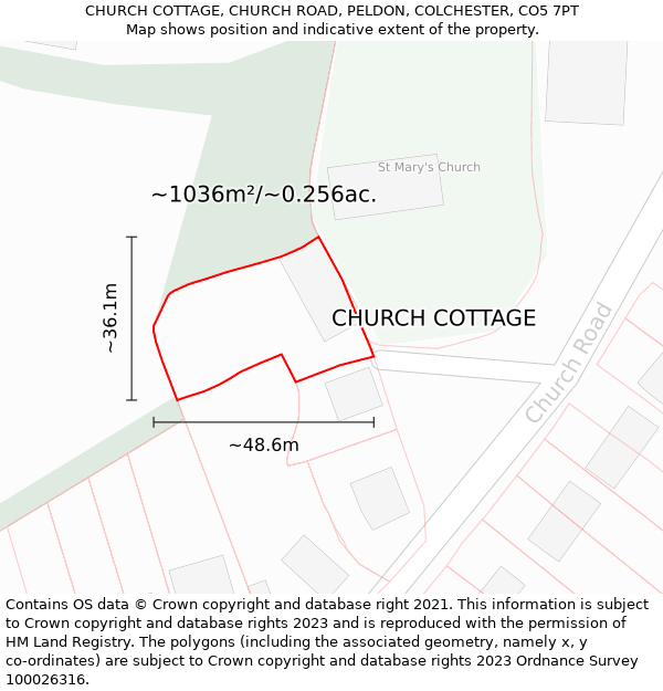 CHURCH COTTAGE, CHURCH ROAD, PELDON, COLCHESTER, CO5 7PT: Plot and title map