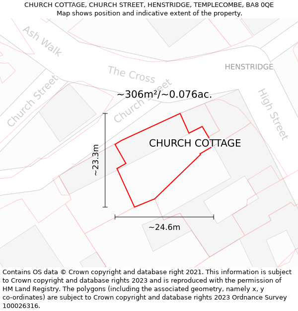 CHURCH COTTAGE, CHURCH STREET, HENSTRIDGE, TEMPLECOMBE, BA8 0QE: Plot and title map