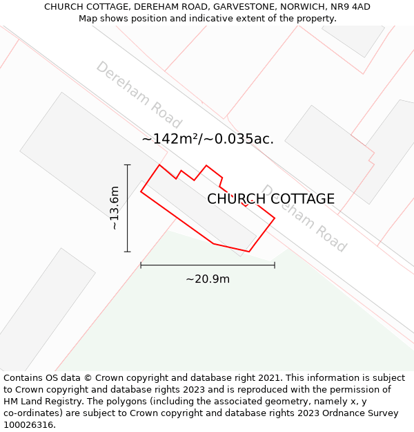 CHURCH COTTAGE, DEREHAM ROAD, GARVESTONE, NORWICH, NR9 4AD: Plot and title map