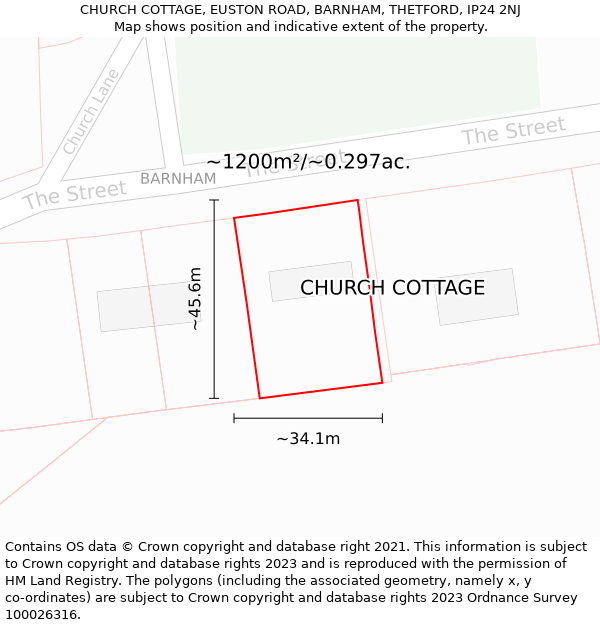 CHURCH COTTAGE, EUSTON ROAD, BARNHAM, THETFORD, IP24 2NJ: Plot and title map