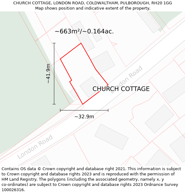 CHURCH COTTAGE, LONDON ROAD, COLDWALTHAM, PULBOROUGH, RH20 1GG: Plot and title map