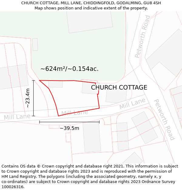 CHURCH COTTAGE, MILL LANE, CHIDDINGFOLD, GODALMING, GU8 4SH: Plot and title map