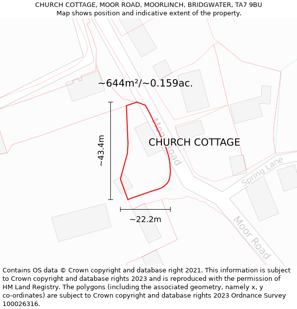 CHURCH COTTAGE, MOOR ROAD, MOORLINCH, BRIDGWATER, TA7 9BU: Plot and title map
