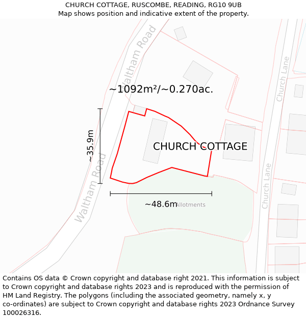 CHURCH COTTAGE, RUSCOMBE, READING, RG10 9UB: Plot and title map