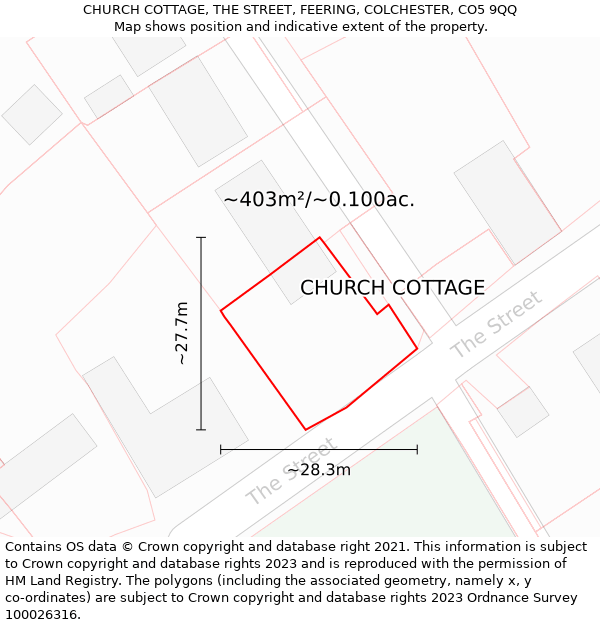 CHURCH COTTAGE, THE STREET, FEERING, COLCHESTER, CO5 9QQ: Plot and title map