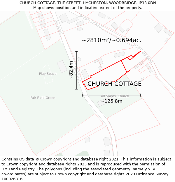 CHURCH COTTAGE, THE STREET, HACHESTON, WOODBRIDGE, IP13 0DN: Plot and title map