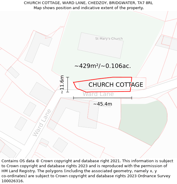 CHURCH COTTAGE, WARD LANE, CHEDZOY, BRIDGWATER, TA7 8RL: Plot and title map