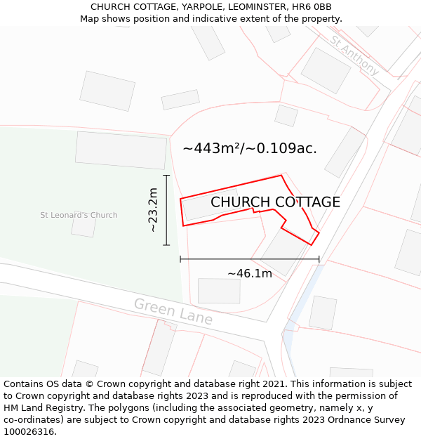 CHURCH COTTAGE, YARPOLE, LEOMINSTER, HR6 0BB: Plot and title map