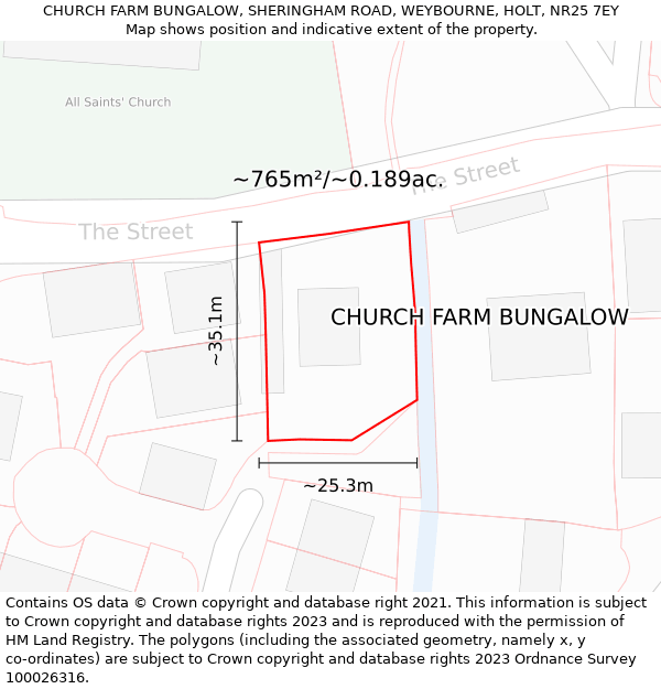 CHURCH FARM BUNGALOW, SHERINGHAM ROAD, WEYBOURNE, HOLT, NR25 7EY: Plot and title map