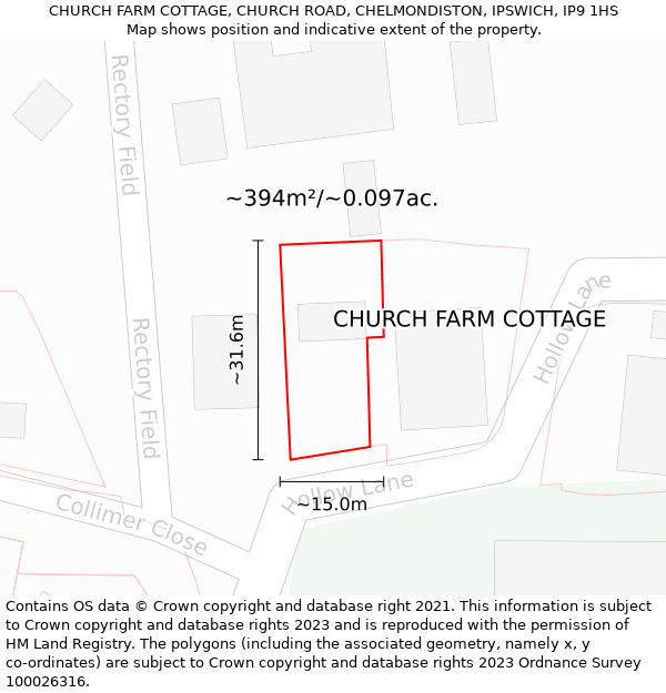 CHURCH FARM COTTAGE, CHURCH ROAD, CHELMONDISTON, IPSWICH, IP9 1HS: Plot and title map