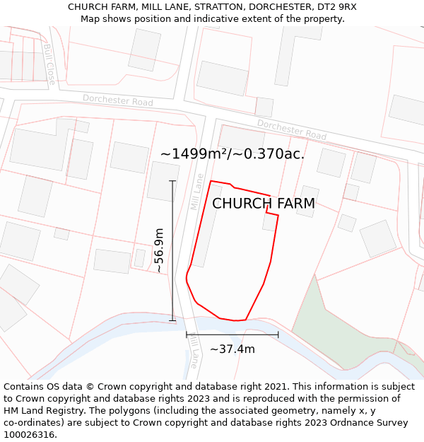 CHURCH FARM, MILL LANE, STRATTON, DORCHESTER, DT2 9RX: Plot and title map