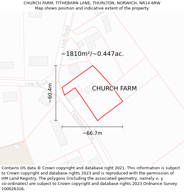 CHURCH FARM, TITHEBARN LANE, THURLTON, NORWICH, NR14 6RW: Plot and title map