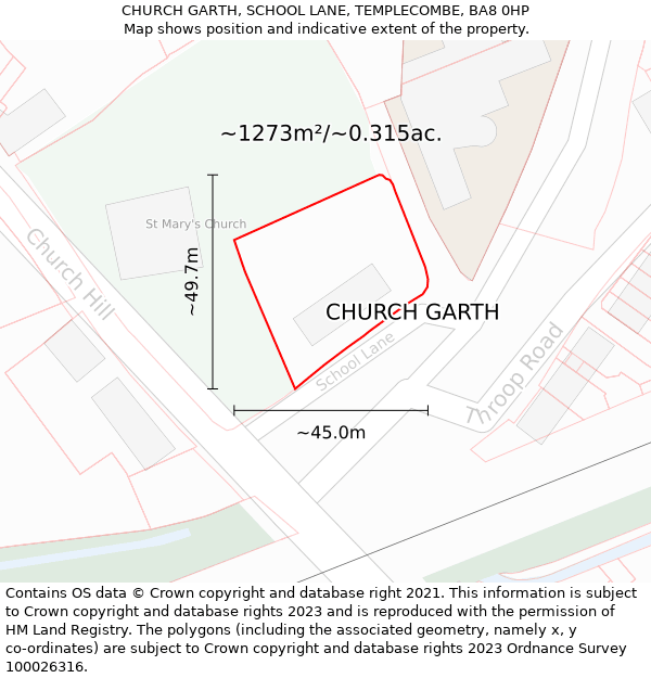 CHURCH GARTH, SCHOOL LANE, TEMPLECOMBE, BA8 0HP: Plot and title map