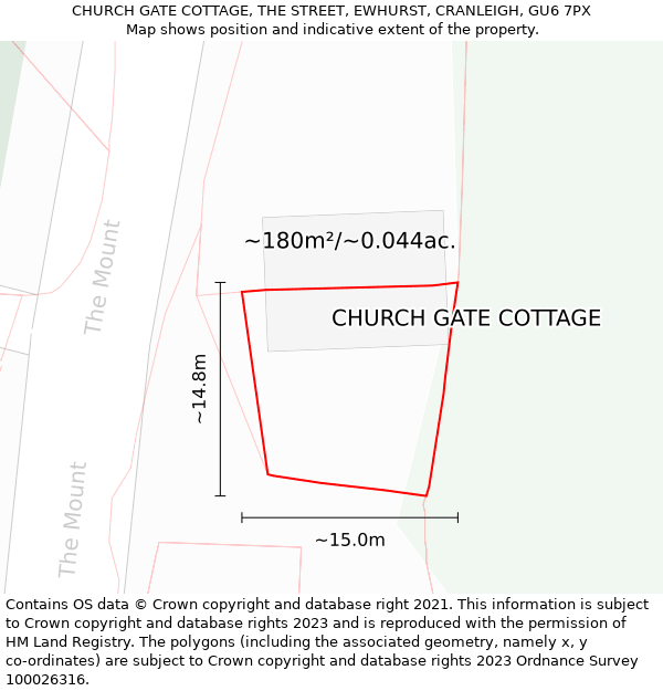 CHURCH GATE COTTAGE, THE STREET, EWHURST, CRANLEIGH, GU6 7PX: Plot and title map