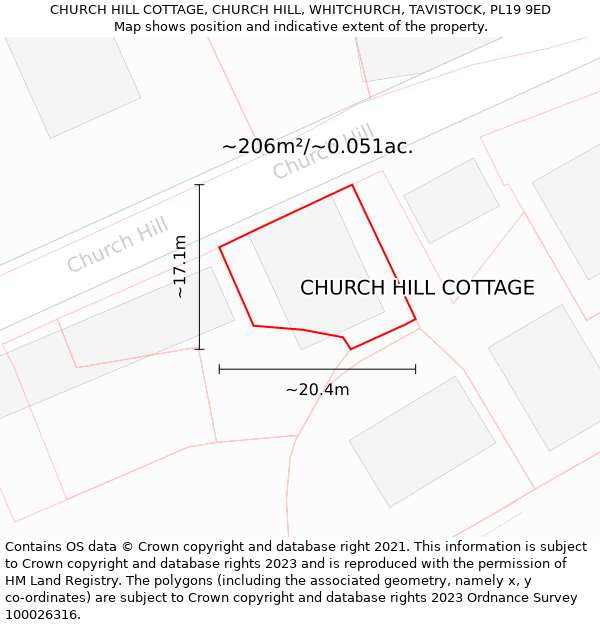 CHURCH HILL COTTAGE, CHURCH HILL, WHITCHURCH, TAVISTOCK, PL19 9ED: Plot and title map