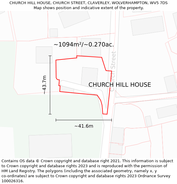 CHURCH HILL HOUSE, CHURCH STREET, CLAVERLEY, WOLVERHAMPTON, WV5 7DS: Plot and title map