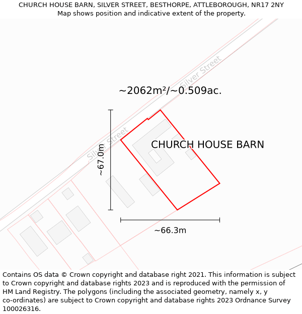 CHURCH HOUSE BARN, SILVER STREET, BESTHORPE, ATTLEBOROUGH, NR17 2NY: Plot and title map