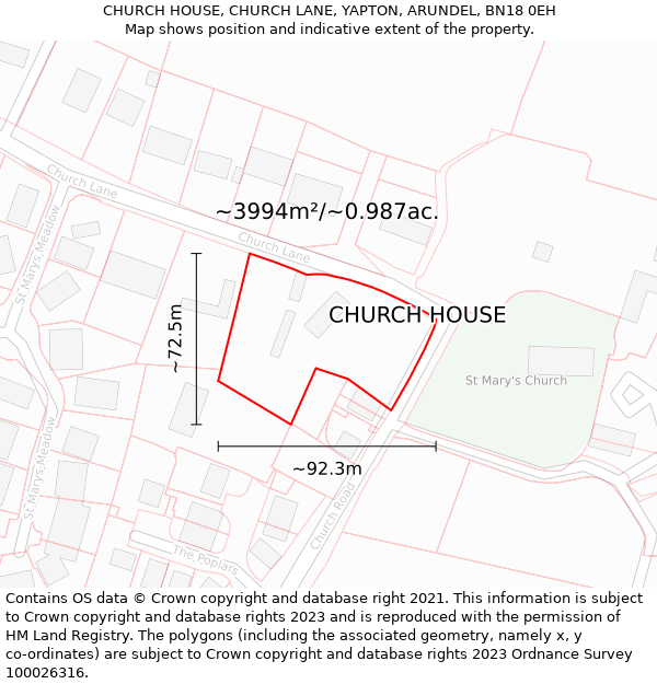 CHURCH HOUSE, CHURCH LANE, YAPTON, ARUNDEL, BN18 0EH: Plot and title map