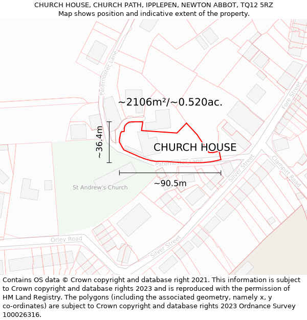 CHURCH HOUSE, CHURCH PATH, IPPLEPEN, NEWTON ABBOT, TQ12 5RZ: Plot and title map