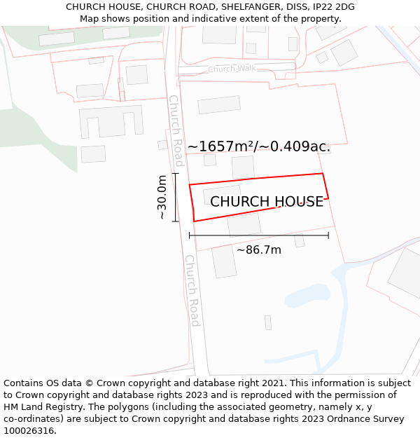 CHURCH HOUSE, CHURCH ROAD, SHELFANGER, DISS, IP22 2DG: Plot and title map
