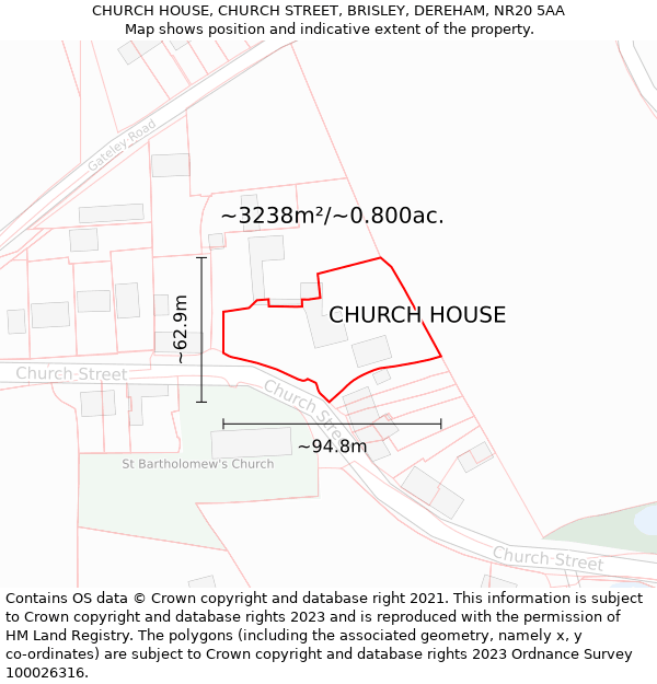 CHURCH HOUSE, CHURCH STREET, BRISLEY, DEREHAM, NR20 5AA: Plot and title map