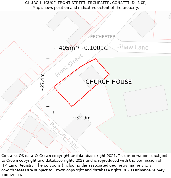 CHURCH HOUSE, FRONT STREET, EBCHESTER, CONSETT, DH8 0PJ: Plot and title map