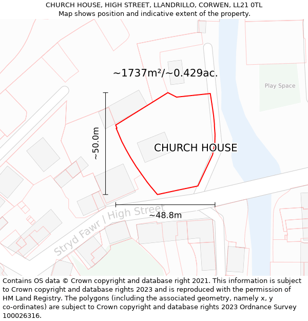 CHURCH HOUSE, HIGH STREET, LLANDRILLO, CORWEN, LL21 0TL: Plot and title map