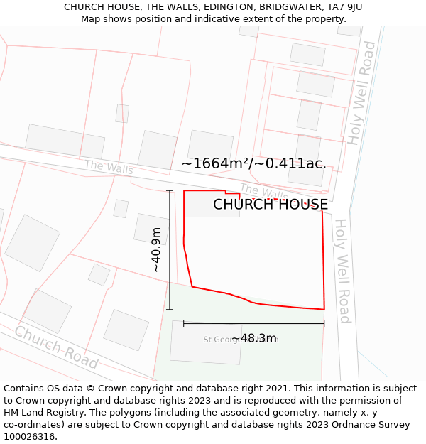 CHURCH HOUSE, THE WALLS, EDINGTON, BRIDGWATER, TA7 9JU: Plot and title map