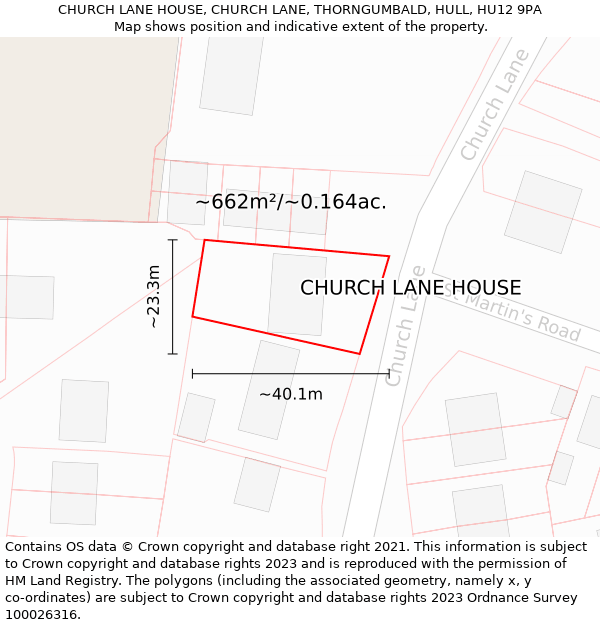 CHURCH LANE HOUSE, CHURCH LANE, THORNGUMBALD, HULL, HU12 9PA: Plot and title map