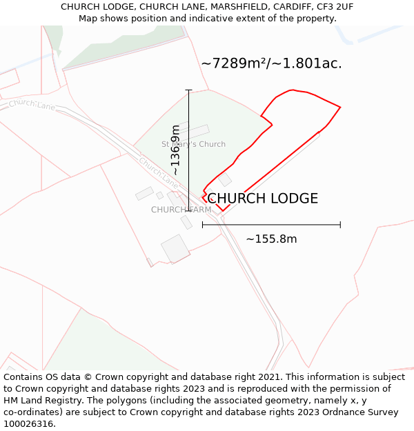 CHURCH LODGE, CHURCH LANE, MARSHFIELD, CARDIFF, CF3 2UF: Plot and title map