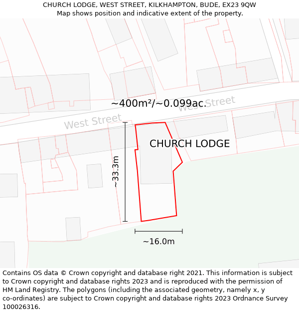 CHURCH LODGE, WEST STREET, KILKHAMPTON, BUDE, EX23 9QW: Plot and title map