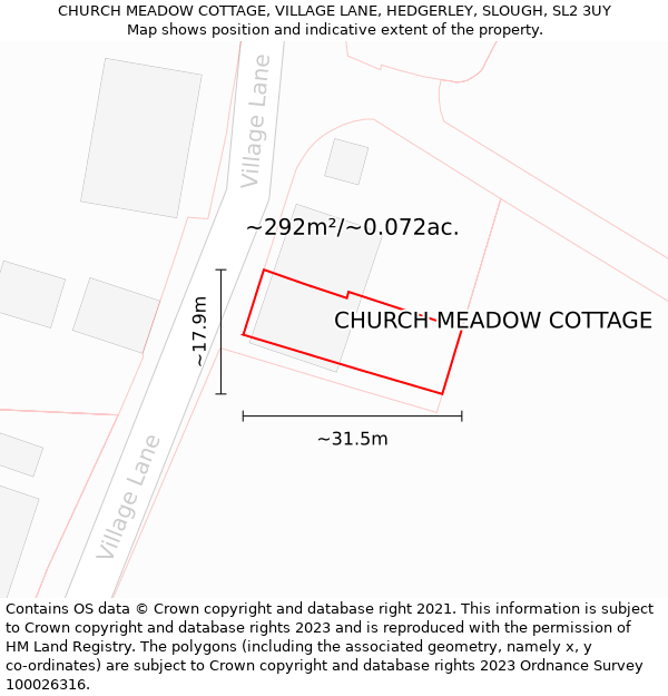 CHURCH MEADOW COTTAGE, VILLAGE LANE, HEDGERLEY, SLOUGH, SL2 3UY: Plot and title map